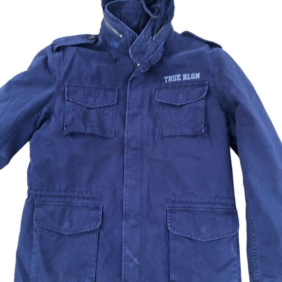 RARE True Religion Jacket Parka Military Jacket Blue Large - Picture 8 of 11